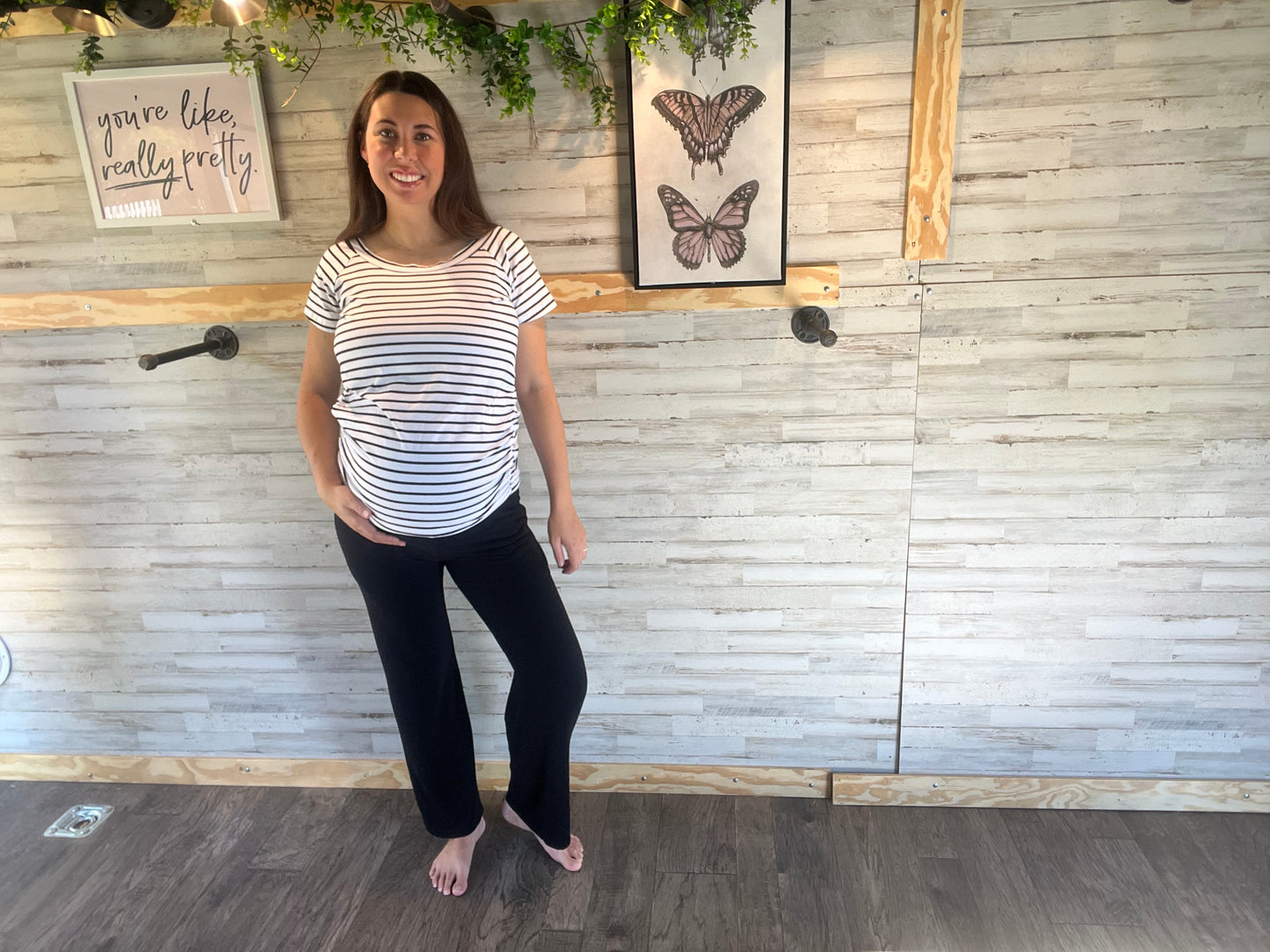 White Striped Off-the-shoulder Maternity Shirt