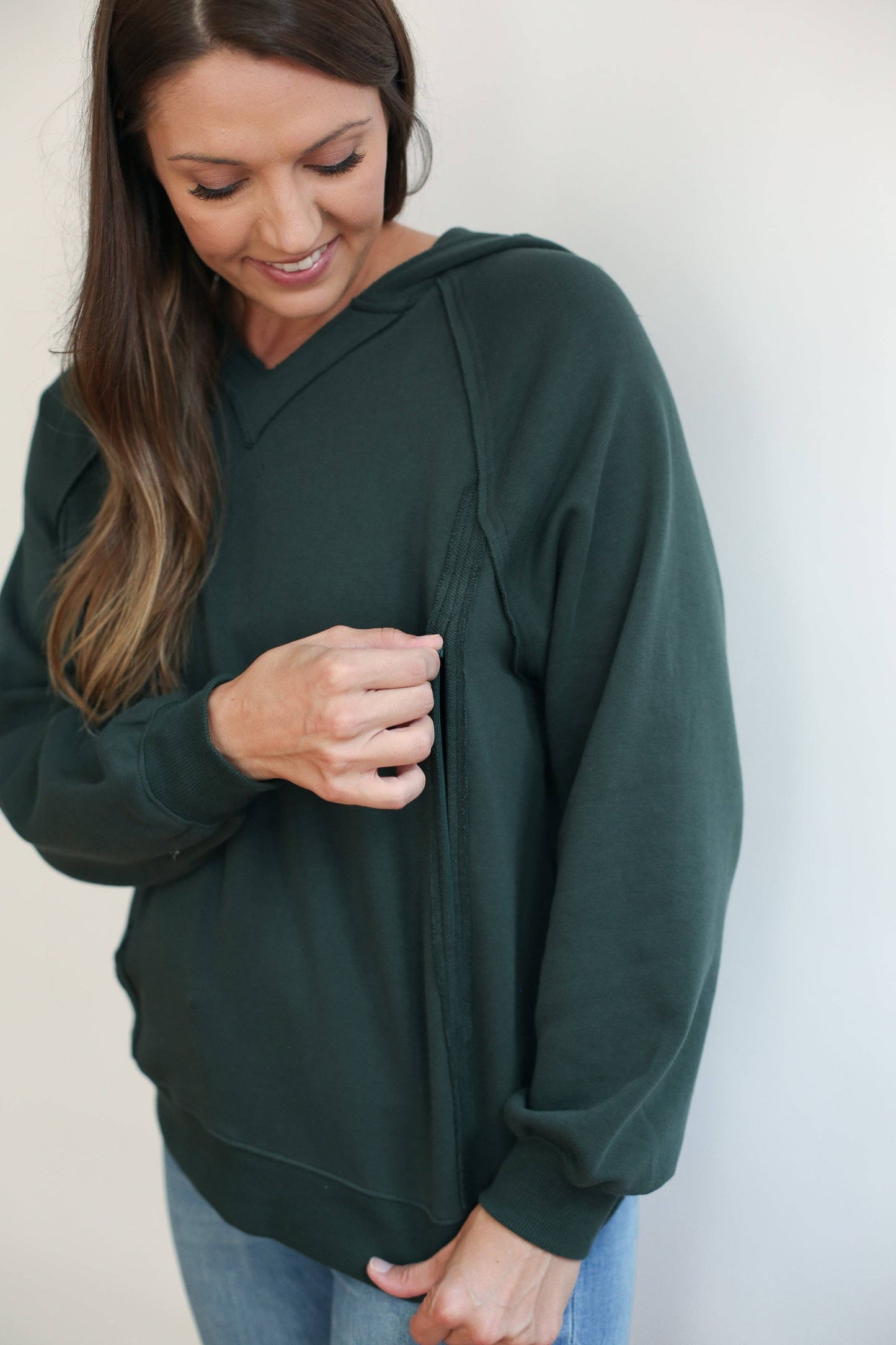 Nursing Friendly Side zip hoodie /forest green/Clay