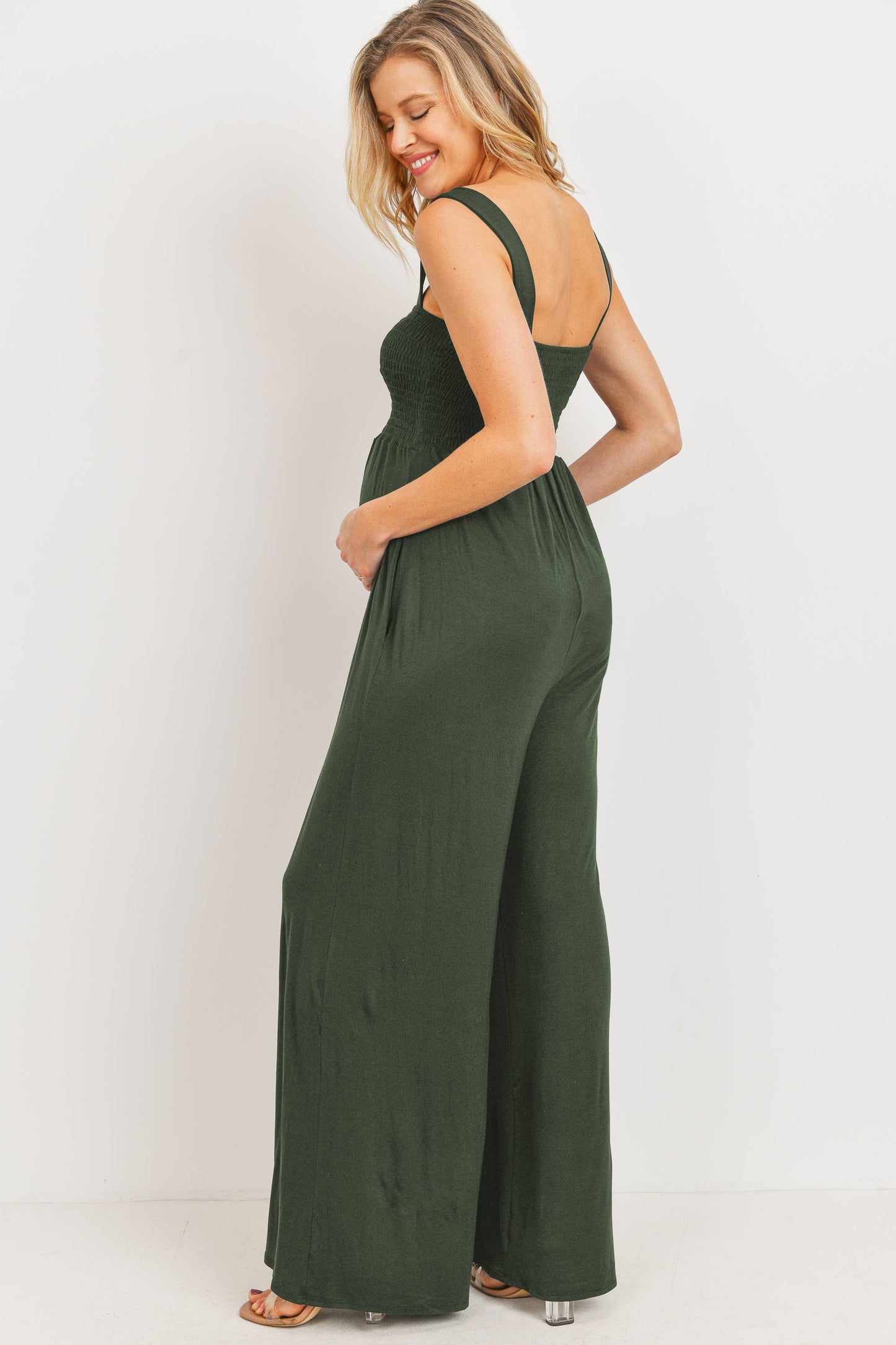 Sleeveless Smocked Maternity Wide Leg Jumpsuit